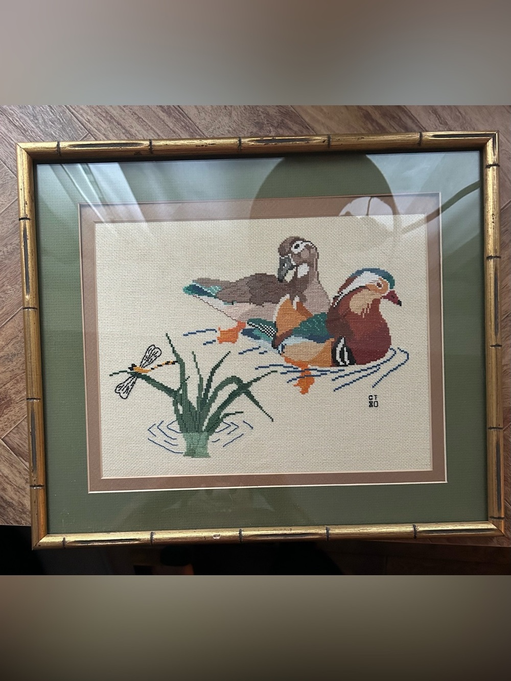 Framed Mandarin Duck Cross-Stitch Art in Green and Brown